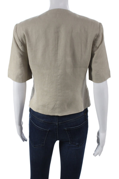 Zara Womens Basic Linen Jacket Beige Button V Neck Short Sleeve Size S