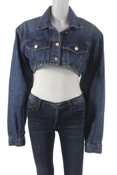 Nutplan Women Basic Jacket Blue Cotton Button Long Sleeve Fall Size M