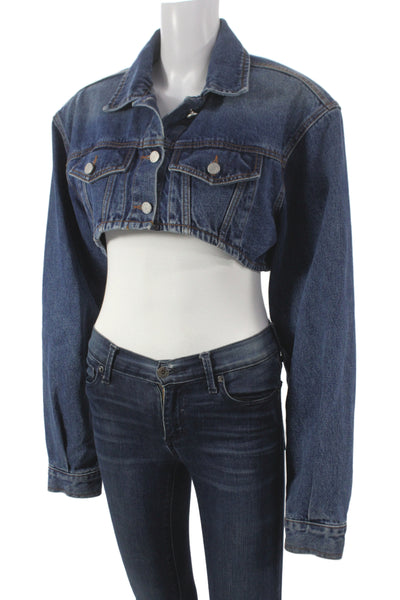 Nutplan Women Basic Jacket Blue Cotton Button Long Sleeve Fall Size M