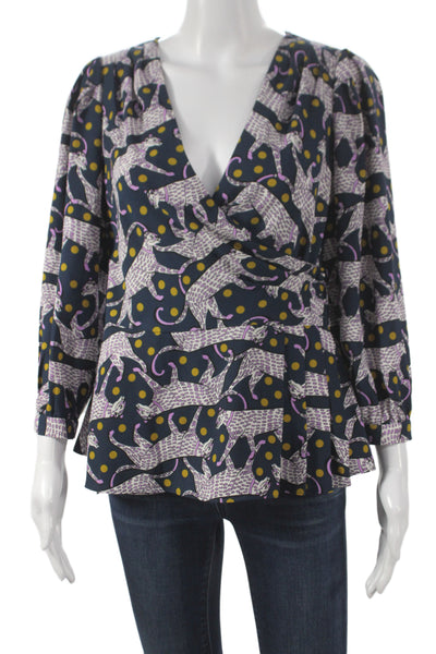 Kate Spade New York Womens Tunic V-Neck Animal Print Blue 3/4 Sleeve Size 4
