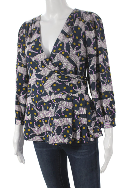 Kate Spade New York Womens Tunic V-Neck Animal Print Blue 3/4 Sleeve Size 4