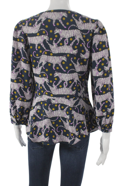 Kate Spade New York Womens Tunic V-Neck Animal Print Blue 3/4 Sleeve Size 4