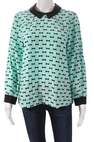 Kate Spade New York Women Green Geometric Collared Basic Blouse 55% Silk Size 6
