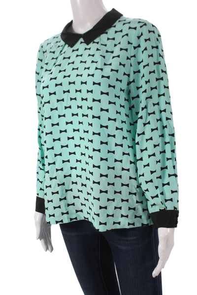 Kate Spade New York Women Green Geometric Collared Basic Blouse 55% Silk Size 6
