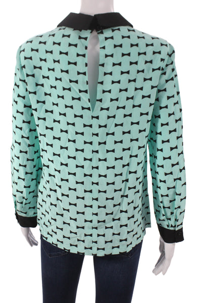 Kate Spade New York Women Green Geometric Collared Basic Blouse 55% Silk Size 6