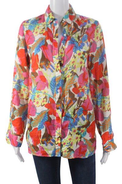 J. Mclaughlin Women Collared Floral Linen Button Up Long Sleeve Size S