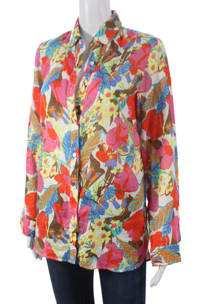 J. Mclaughlin Women Collared Floral Linen Button Up Long Sleeve Size S