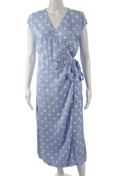 J Crew Women Wrap Dress Blue Polka Dot V-Neck Short Sleeve Long Size S