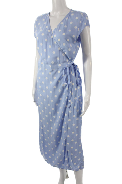 J Crew Women Wrap Dress Blue Polka Dot V-Neck Short Sleeve Long Size S