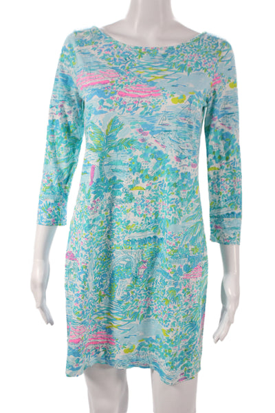 Lily Pulitzer Women Shift Dress Blue Floral Pima Cotton Midi 3/4 Sleeve Size S