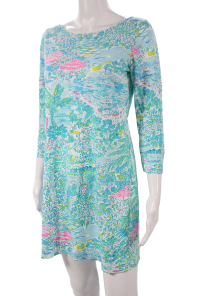 Lily Pulitzer Women Shift Dress Blue Floral Pima Cotton Midi 3/4 Sleeve Size S