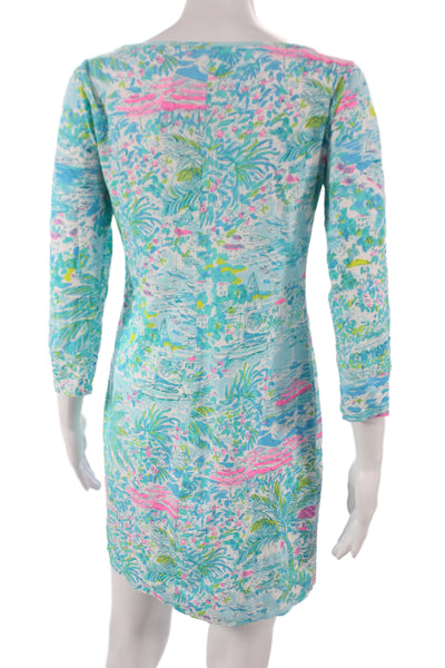 Lily Pulitzer Women Shift Dress Blue Floral Pima Cotton Midi 3/4 Sleeve Size S