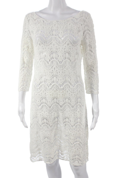 Lauren Ralph Lauren Women White Lace Shift Dress Boat Neck 3/4 Sleeve Size M