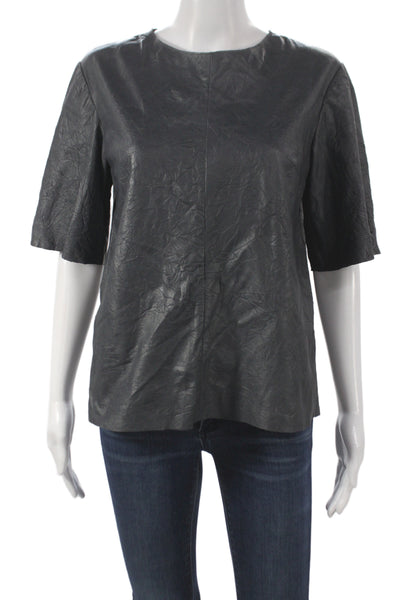 COS Women Leather Basic Blouse Black Round Neck Short Sleeve Size 4