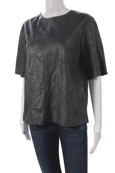 COS Women Leather Basic Blouse Black Round Neck Short Sleeve Size 4