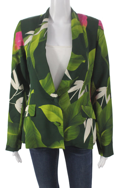 Americae Womens Basic Jacket Green Viscose Floral Button Long Sleeve Size S