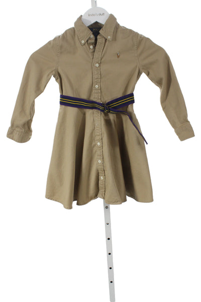 Polo Ralph Lauren Girls Button Front Long Sleeve Collared Dress Brown Size 5