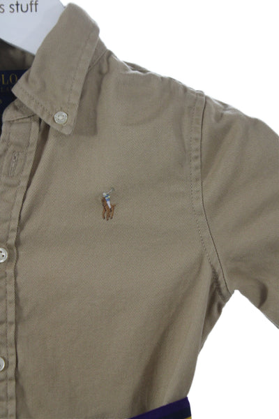 Polo Ralph Lauren Girls Button Front Long Sleeve Collared Dress Brown Size 5