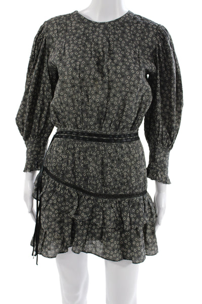 Love Shack Fancy Womens Black Floral Mini Dress Long Sleeve Round Neck Size XS