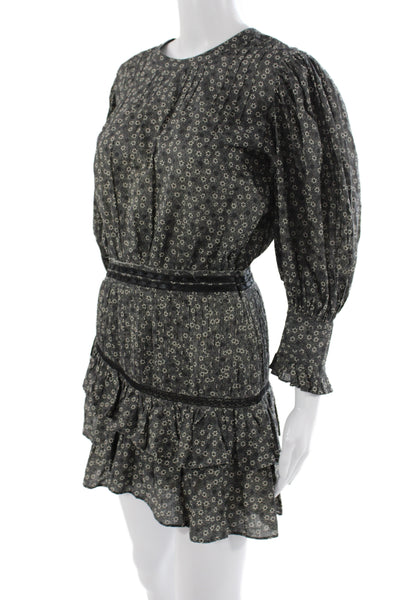 Love Shack Fancy Womens Black Floral Mini Dress Long Sleeve Round Neck Size XS