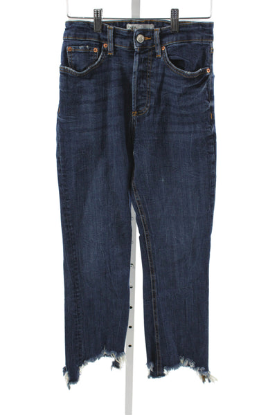 Zara Womens Cropped Blue Mid Rise Button Fly Cotton Jeans Size 4