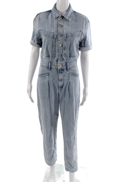MNG Women Jumpsuit Blue Collared Short Sleeve Button Cotton Size XS