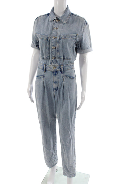 MNG Women Jumpsuit Blue Collared Short Sleeve Button Cotton Size XS