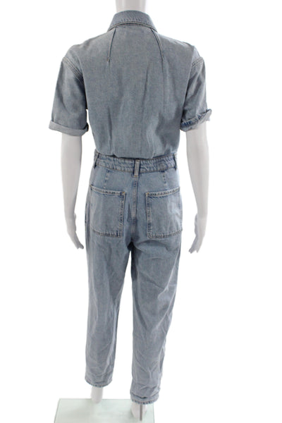 MNG Women Jumpsuit Blue Collared Short Sleeve Button Cotton Size XS