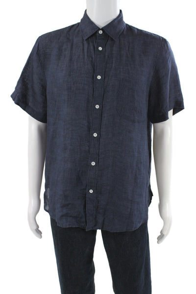 Rag & Bone Mens Linen Short Sleeves Button Down Shirt Navy Blue Size Large