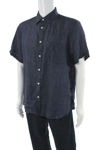 Rag & Bone Mens Linen Short Sleeves Button Down Shirt Navy Blue Size Large