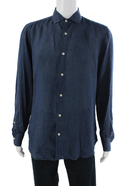 MC2 Saint Barth Mens Linen Button Down Shirt Navy Blue Size Large