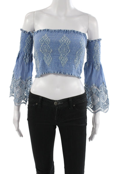 Queen Moda Women Cropped Off Shoulder Argyle Blue Blouse Long Sleeve Size S