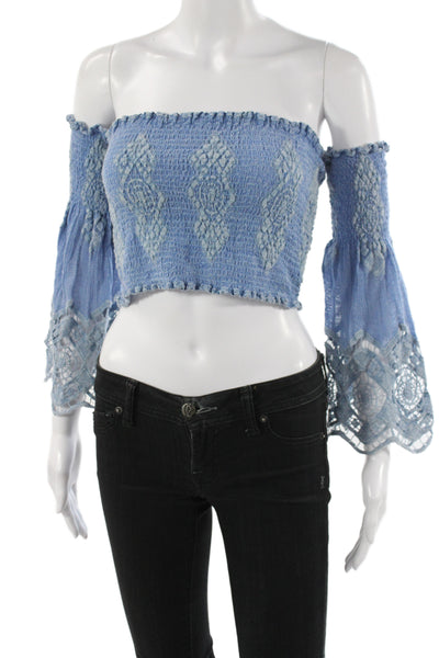 Queen Moda Women Cropped Off Shoulder Argyle Blue Blouse Long Sleeve Size S