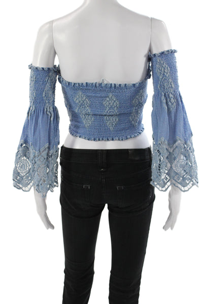 Queen Moda Women Cropped Off Shoulder Argyle Blue Blouse Long Sleeve Size S