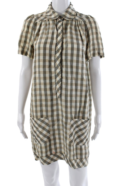 See by Chloe Women Shirt Dress Beige Gingham Cotton Short Sleeve Mini Size 6