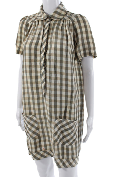 See by Chloe Women Shirt Dress Beige Gingham Cotton Short Sleeve Mini Size 6