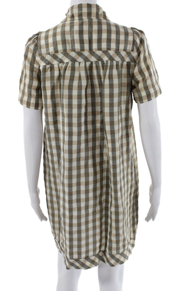 See by Chloe Women Shirt Dress Beige Gingham Cotton Short Sleeve Mini Size 6