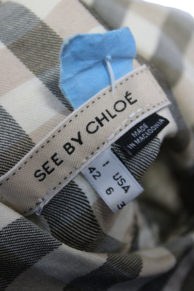 See by Chloe Women Shirt Dress Beige Gingham Cotton Short Sleeve Mini Size 6