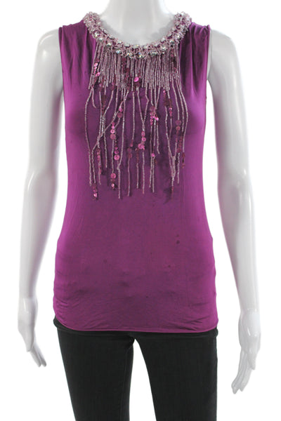 Alberta Ferretti Women Basic Purple Beaded Round Neck Sleeveless Tank Size 8
