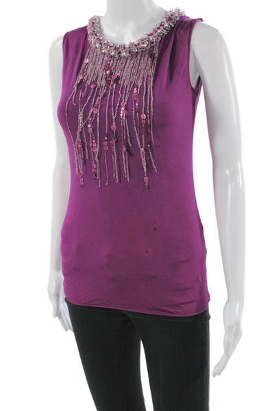 Alberta Ferretti Women Basic Purple Beaded Round Neck Sleeveless Tank Size 8