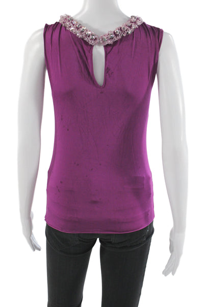 Alberta Ferretti Women Basic Purple Beaded Round Neck Sleeveless Tank Size 8
