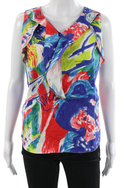 Marni Womens Tunic Blouse Sleeveless V-Neck Blue Floral Cotton Size 40