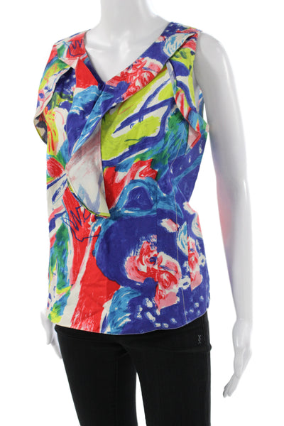 Marni Womens Tunic Blouse Sleeveless V-Neck Blue Floral Cotton Size 40