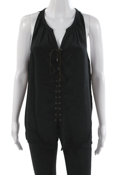 Ramy Brook Women Silk V-Neck Lace-Up Sleeveless Tank Black Boho Size M