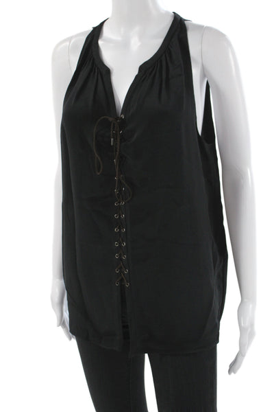 Ramy Brook Women Silk V-Neck Lace-Up Sleeveless Tank Black Boho Size M