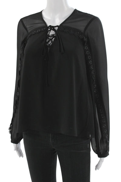 Haute Hippie Women Black V Neck Lace Up Long Sleeve Basic Blouse Size XS