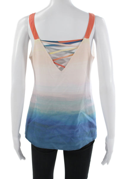 Ecru Women Camisole Blue Silk V-Neck Striped Lace-Up Sleeveless Beach Size XS