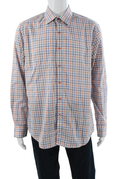 Robert Graham Mens Plaid Button-Up Dress Shirt Blue Cotton Long Sleeve Size L