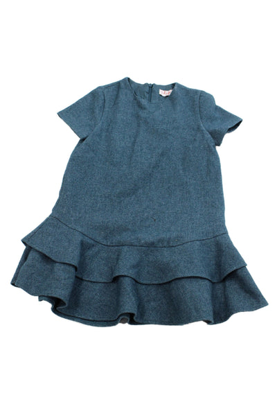 Il Gufo Girls Short Sleeve Ruffled Zippered Mini Dress Blue Size 5