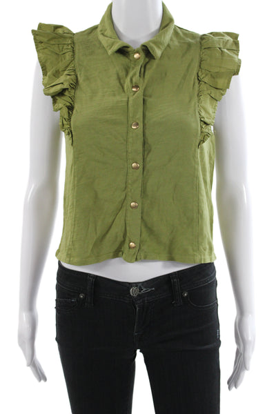 Nation LTD Womens Cropped Sleeveless Collared Cotton Button-Up Green Size XS